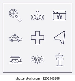 Outline 9 street icon set. location arrow, lock signal, browser setting and police car vector illustration