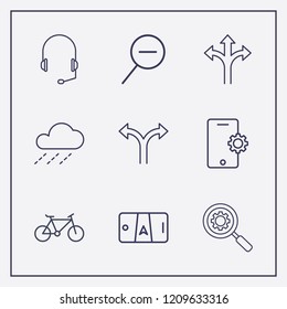 Outline 9 street icon set. bike, three way direction arrow, zoom out and smartphone setting vector illustration