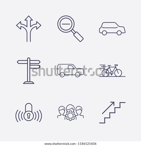 Outline 9 street icon set. zoom out, car,
three way direction arrow, stairs up, group setting, road sign,
lock signal, van and bike vector
illustration