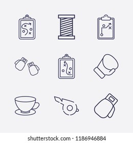 Outline 9 string icon set. clipboard with tactic, whistle, boxing gloves, boxing glove, tea cup and thread vector illustration