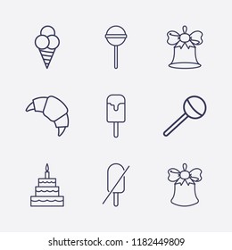 Outline 9 sweet icon set. bell, birthday cake, lollipop, ice cream, croissant and forbidden ice cream vector illustration