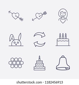 Outline 9 sweet icon set. woman in love, cake, honeycomb, birthday cake, heart in arrow, rabbit, bell and refresh vector illustration