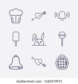 Outline 9 sweet icon set. rabbit, cake, heart in arrow, ice cream, lollipop, bell and pet cage vector illustration