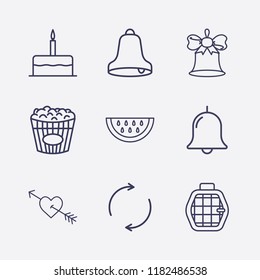 Outline 9 sweet icon set. birthday cake, pet cage, heart in arrow, refresh, bell, popcorn and watermelon vector illustration