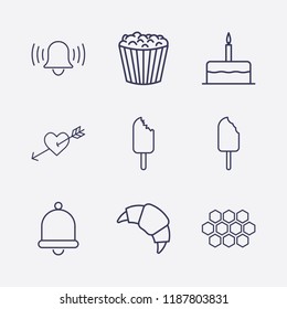 Outline 9 sweet icon set. ice cream, croissant, bell, honeycomb, heart in arrow, popcorn and birthday cake vector illustration