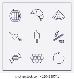 Outline 9 sweet icon set. watermelon, pet cage, ice cream and halloween candy vector illustration