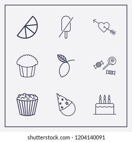Outline 9 sweet icon set. popcorn, forbidden ice cream, heart in arrow and party cone vector illustration