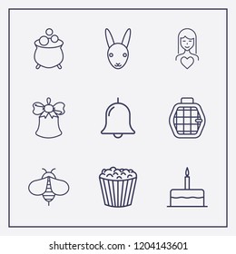 Outline 9 sweet icon set. bee, bell, popcorn and rabbit vector illustration