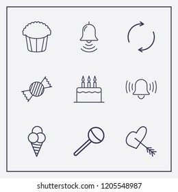 Outline 9 sweet icon set. halloween candy, ice cream, bell and cake vector illustration