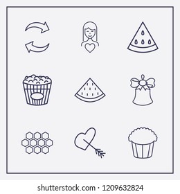 Outline 9 sweet icon set. popcorn, refresh, bell and arrow in heart vector illustration