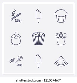 Outline 9 sweet icon set. ice cream, halloween candy, popcorn and bell vector illustration