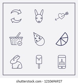Outline 9 sweet icon set. party cone, heart in arrow, ice cream and rabbit vector illustration