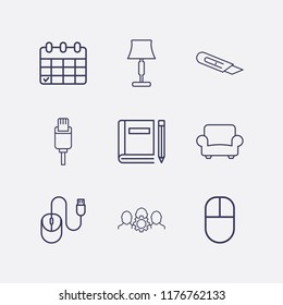 Outline 9 table icon set. armchair, group setting, usb plug, book and pencil, stationery knife, calendar, mouse and lampshade vector illustration