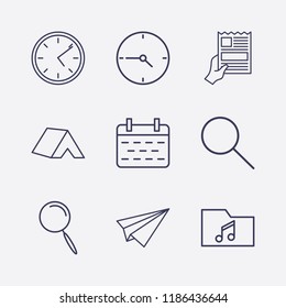 Outline 9 table icon set. calendar, music folder, paper airplane, newspapers with hand, tent, clock and search vector illustration