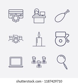 Outline 9 table icon set. school bell, credit card setting, candle, search, businessman group, laptop, group setting, reception and chicken leg vector illustration