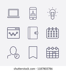 Outline 9 table icon set. user clock, lamp, calendar, bookmark, notebook, laptop, browser analytics and smartphone with birthday cake vector illustration