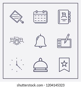 Outline 9 table icon set. calendar, clock, phone book and kitchen board vector illustration