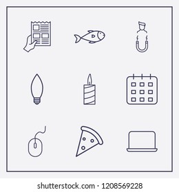 Outline 9 table icon set. mouse, newspapers with hand, candle and laptop vector illustration