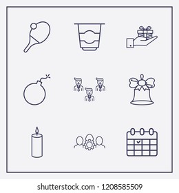 Outline 9 table icon set. table tennis, yogurt, candle and hand with gift box vector illustration