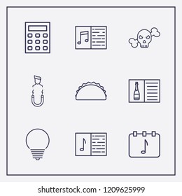 Outline 9 table icon set. lamp, melody notebook, champagne menu and magnet human vector illustration