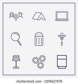 Outline 9 table icon set. tent, audio conference, water glasses and search vector illustration