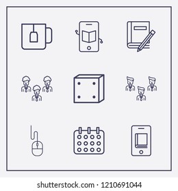 Outline 9 table icon set. mouse, book and pencil, teacup and businessman group vector illustration