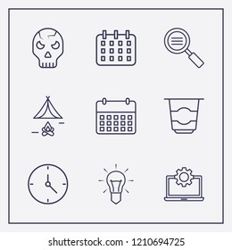 Outline 9 table icon set. clock, yogurt, lamp and tent vector illustration