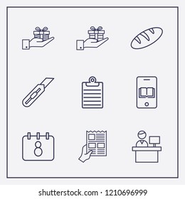 Outline 9 table icon set. clipboard, stationery knife, online learning and calendar vector illustration