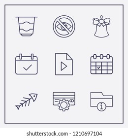 Outline 9 table icon set. fish, yogurt, calendar check and information folder vector illustration