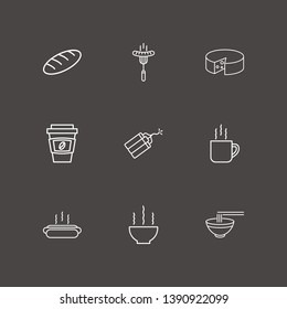 Outline 9 tasty icon set. bowl, dynamite, cheese and bread vector illustration