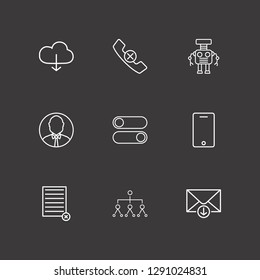 Outline 9 technology icon set. robot, cloud download, organization and down message vector illustration