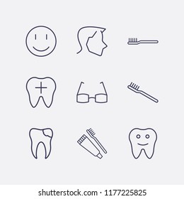 Outline 9 teeth icon set. glasses, tooth, broken tooth, smile, toothbrush and toothpaste, toothbrush and head vector illustration