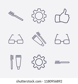 Outline 9 teeth icon set. gear, toothbrush and toothpaste, glasses, toothbrush and thumb up vector illustration