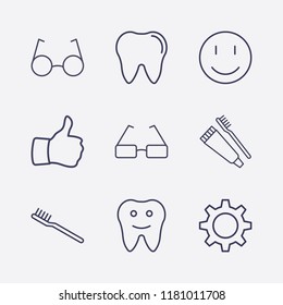 Outline 9 teeth icon set. smile, toothbrush and toothpaste, tooth, gear, thumb up, toothbrush and glasses vector illustration