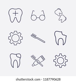 Outline 9 teeth icon set. gear, toothbrush and toothpaste, broken tooth, tooth, toothbrush and glasses vector illustration