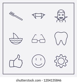 Outline 9 teeth icon set. halloween vampire teeth, smile, gear and thumb up vector illustration