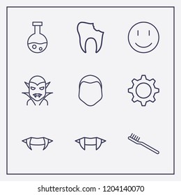 Outline 9 teeth icon set. toothbrush, smile, human face and broken tooth vector illustration