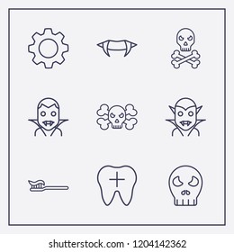 Outline 9 teeth icon set. halloween skeleton, halloween vampire teeth, halloween vampire and gear vector illustration