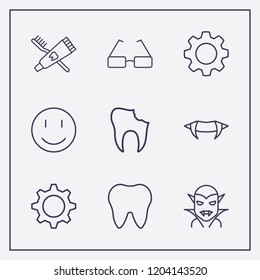 Outline 9 teeth icon set. halloween vampire teeth, glasses, broken tooth and toothbrush and toothpaste vector illustration