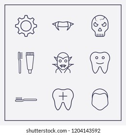 Outline 9 teeth icon set. halloween skeleton, toothbrush, gear and human face vector illustration