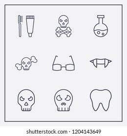 Outline 9 teeth icon set. halloween skeleton, glasses, tooth and halloween tube vector illustration
