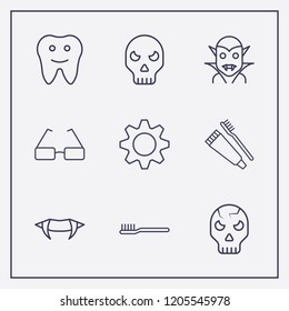 Outline 9 teeth icon set. halloween vampire teeth, toothbrush and toothpaste, halloween skeleton and tooth vector illustration