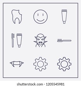 Outline 9 teeth icon set. toothbrush and toothpaste, smile, tooth paste and toothbrush vector illustration