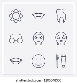 Outline 9 teeth icon set. toothbrush and toothpaste, halloween skeleton, broken tooth and smile vector illustration