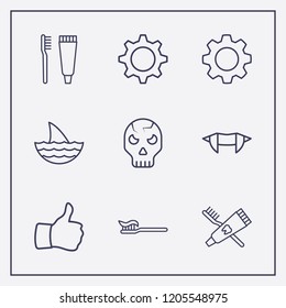 Outline 9 teeth icon set. toothbrush and toothpaste, shark, halloween skeleton and halloween vampire teeth vector illustration