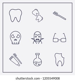 Outline 9 teeth icon set. glasses, toothbrush, halloween tube and broken tooth vector illustration