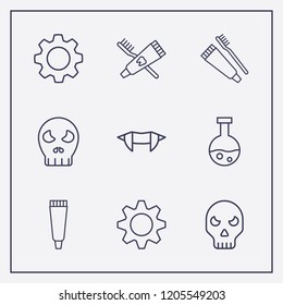 Outline 9 teeth icon set. tooth paste, halloween skeleton, halloween vampire teeth and toothbrush and toothpaste vector illustration