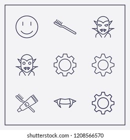Outline 9 teeth icon set. toothbrush, toothbrush and toothpaste, smile and halloween vampire vector illustration