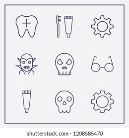 Outline 9 teeth icon set. halloween skeleton, tooth paste, toothbrush and toothpaste and gear vector illustration