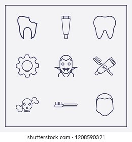 Outline 9 teeth icon set. broken tooth, tooth paste, halloween skeleton and toothbrush and toothpaste vector illustration